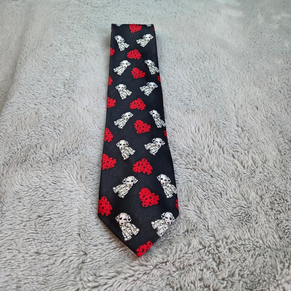 Addiction Dalmatian Puppy Heart Tie Men OS Black Red Novelty Dog Print Accessory